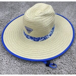 Columbia PFG Hat BAHA Straw Tropical Floral Tan‎ Blue Men S/M Beach Fishing NWT